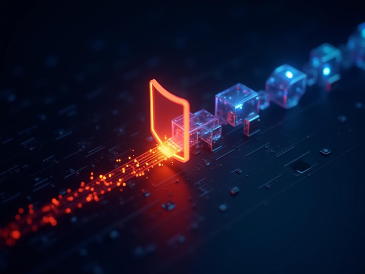 Digital visualization of a secure CI/CD pipeline showing code passing through a glowing orange security gate filter